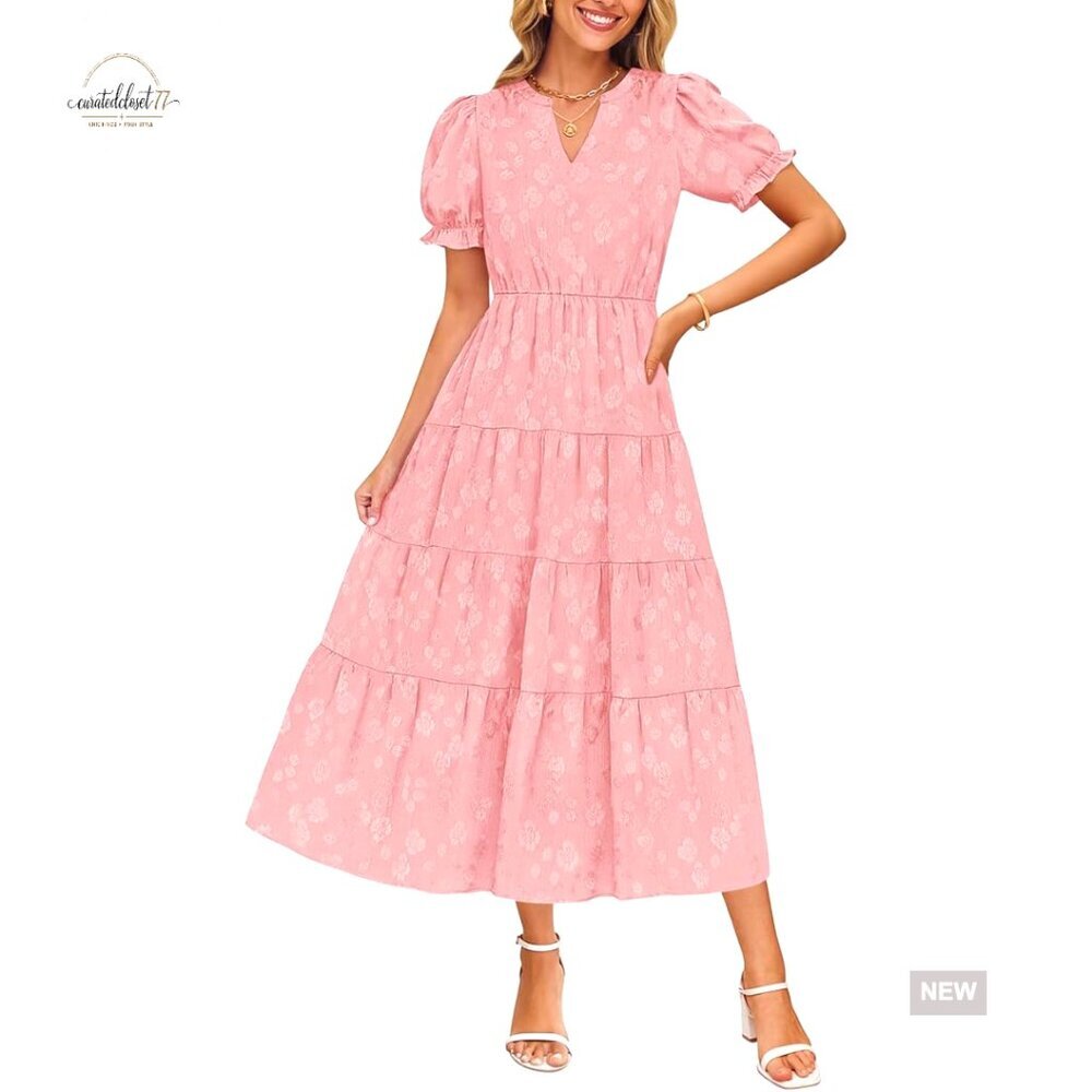 Summer Puff Sleeve Midi Dress Floral V Neck Ruffle Flowy Beach Party